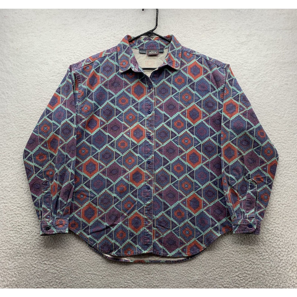 Woolrich Button Up Shirt Womens Large L Purple Aztec Southwestern USA Made Retro